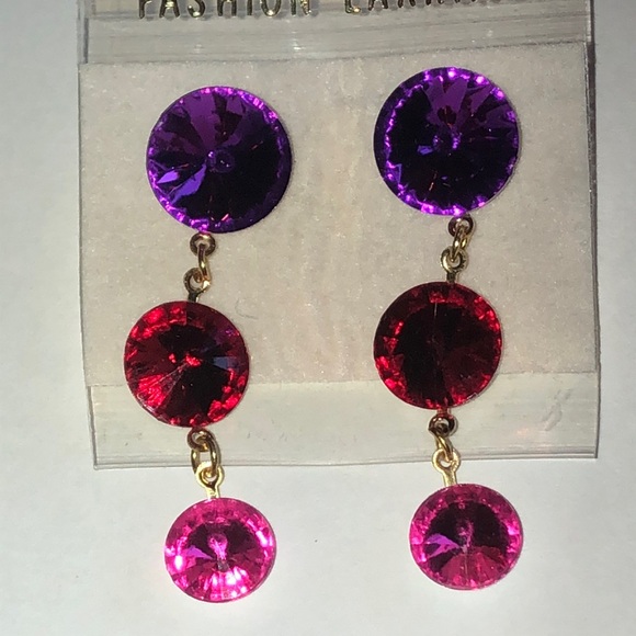 Vintage Jewelry - Vintage Triple-Drop Rhinestone Statement Earrings - Purple, Red & Hot Pink